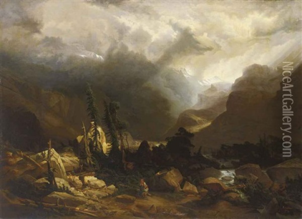 L'eboulement (bergsturz An Der Grimsel) Oil Painting - Alexandre Calame