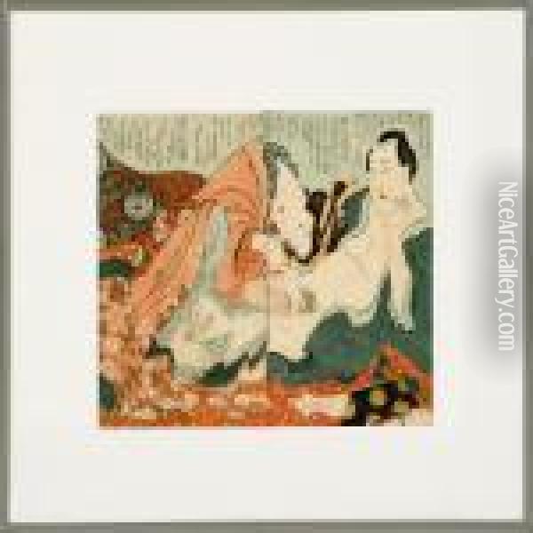 Erotic Double-pageprint From A Pillow Book Oil Painting - Katsushika Hokusai