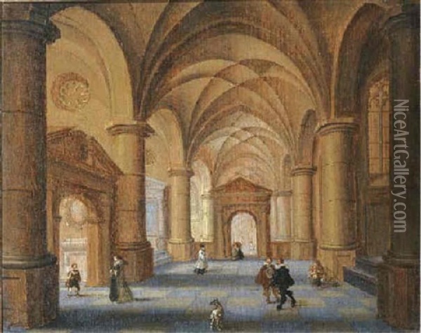 The Interior Of A Gothic Church With Elegant Company And A Dog Oil Painting - Jan van Vucht