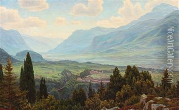 View Of The Adige Valley In Trento, Italy Oil Painting - Henrik Gamst Jespersen