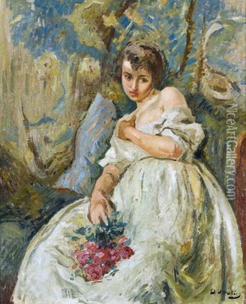 Sitzende Junge Dame Mit Einem Rosenstrauss Oil Painting - Otto Vautier