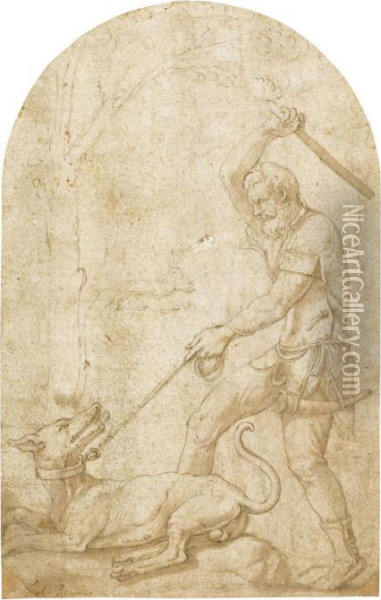 A Huntsman Beating His Dog Oil Painting - Giulio Romano