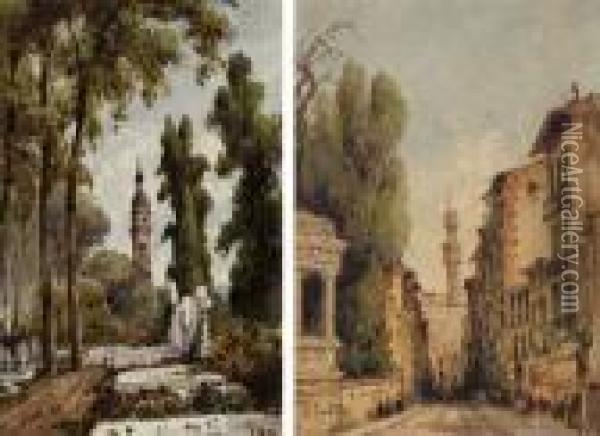 A Florentine Street Scene; And A Cemetery By The Sea Oil Painting - Giuseppe Carelli