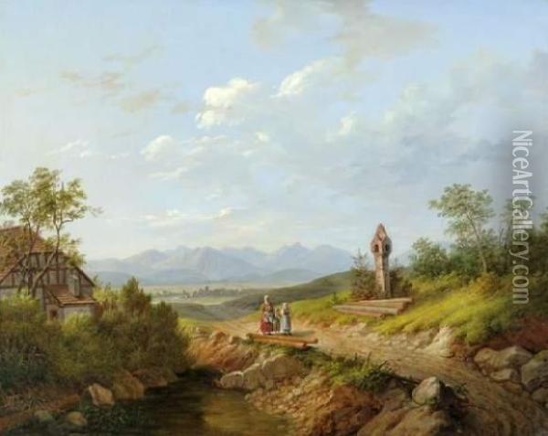 Paysage Au Bord Des Alpes Et Promeneuses Oil Painting - Matthias Rudolf Toma