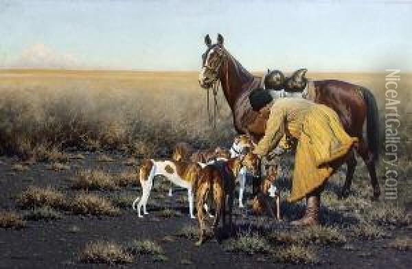 Steppenreiter Mit Windhunden In
 Weiter Landschaft. Oil Painting - Hugo Ungewitter