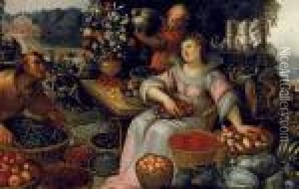 Venditrice Di Frutta In Un Giardino Oil Painting - Frederik van Valkenborch