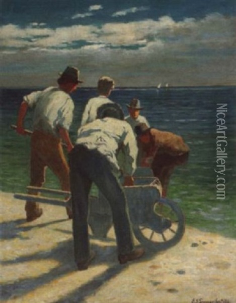 Manner Mit Handkarren Am Meeresstrand Oil Painting - Ernst Oskar Simonson-Castelli