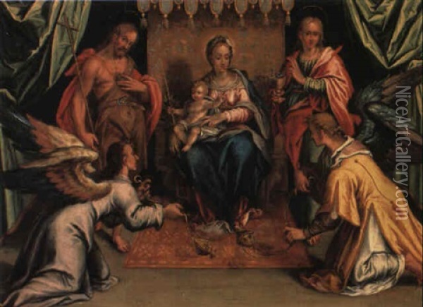 The Madonna And Child With Angels And Sts. John The Baptist And Evangelist Oil Painting - Hans Von Aachen