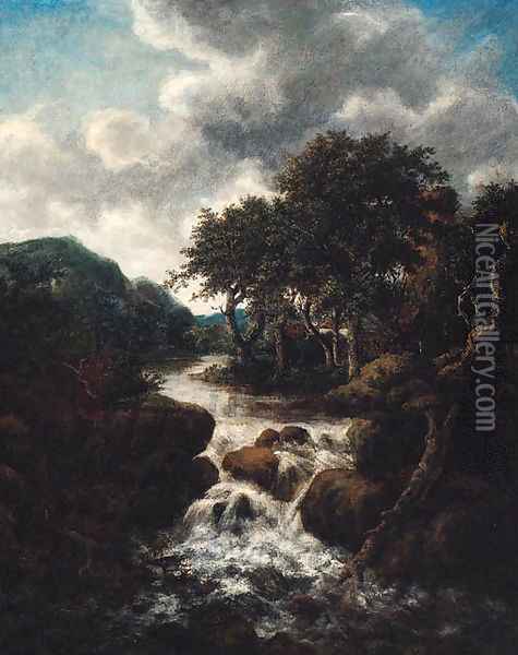 A Scandinavian landscape with a waterfall Oil Painting - (follower of) Ruisdael, Jacob I. van