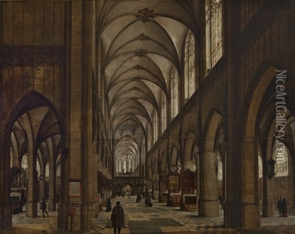Gothic Catholic Cathedral With Figures. Possibly The Cathedral In Antwerp Oil Painting - Hendrik Van Steenwijk