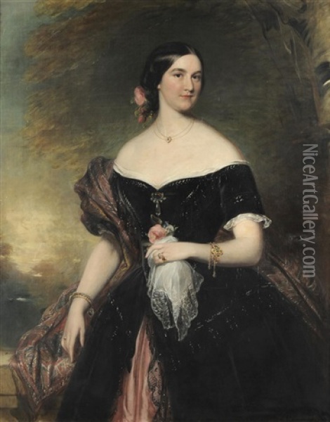 Portrait Of A Lady, Three-quarter Length, Wearing A Black Dress Trimmed With White Lace Oil Painting - James Godsell Middleton