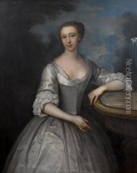 Portrait Of A Lady, Said To Be 
Lady Annepalliser, Three-quarter-length, In A White Satin Dress, 
Standingbeside A Stone Fountain Oil Painting - John Vanderbank