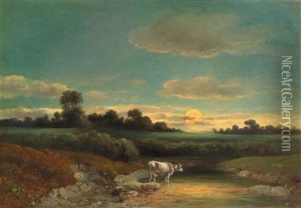 Cow By A Pond In A Landscape With Rising Moon Oil Painting - Carl Lafite
