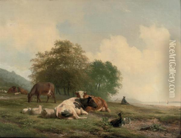 Cattle Resting On The River Bank Oil Painting - Hendrikus van den Sande Bakhuyzen