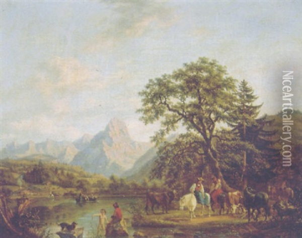 A Shepherdess On A Pony Watching Cattle, Sheep And Goats With Travellers And Bathers Nearby In An Alpine Landscape In Summer Oil Painting - Johann Joseph Hartmann
