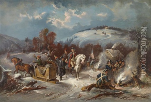 Winter Scene With Washington On A White Horse And Soldiers Around A Fire, With Horse Drawn Sled And Distant Landscape Oil Painting - Edward Moran