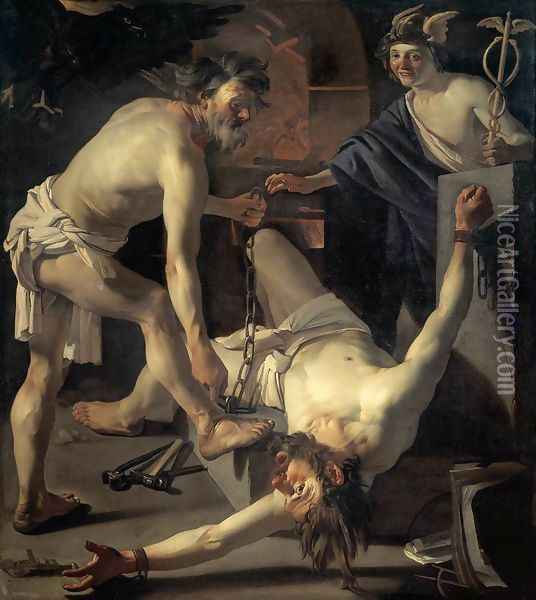 Prometheus Being Chained by Vulcan 1623 Oil Painting - Dirck Van Baburen
