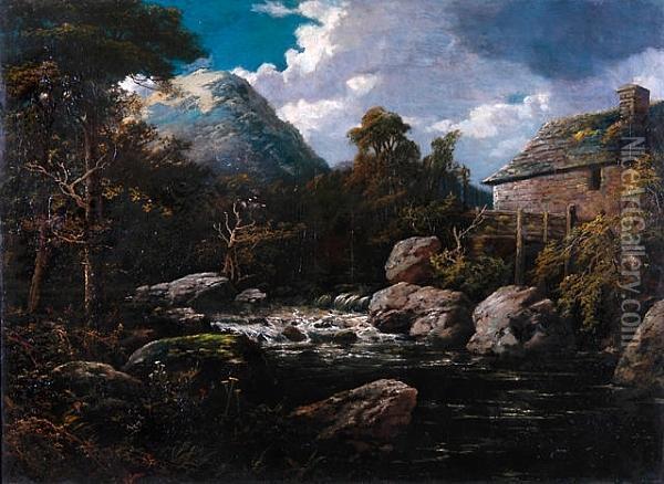 A Mill By A Stream In An Upland Landscape Oil Painting - Edward Hacker