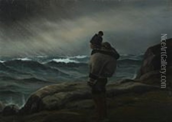 Coastal Scene From Greenland With Inuit Woman Gazing At The Horizon Oil Painting - Emanuel A. Petersen