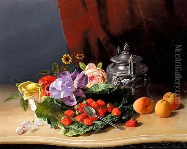 Still Life Of Flowers And Fruit Oil Painting - David Emil Joseph de Noter