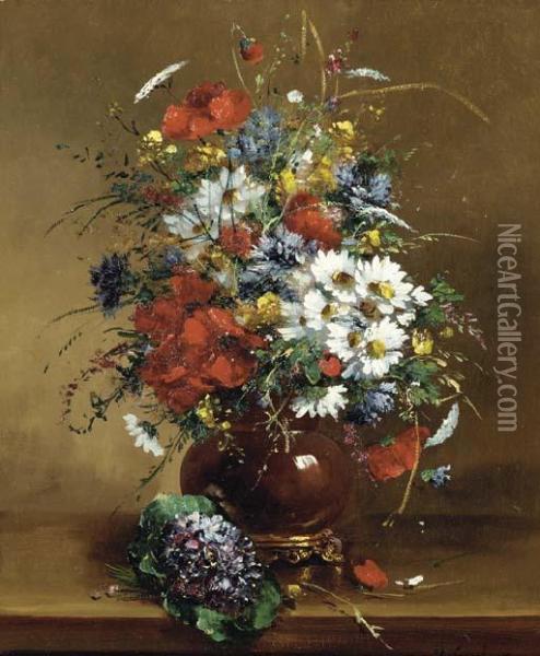 Wild Flowers In A Vse And Pansies On A Ledge Oil Painting - Eugene Henri Cauchois