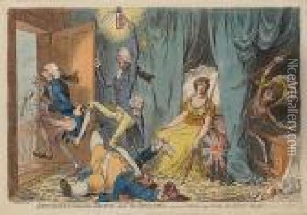Britannia Between Death And The Doctors Oil Painting - James Gillray
