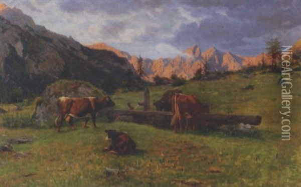 Kuhe Am Brunnentrog Auf Der Bergweide Oil Painting - Otto Weber