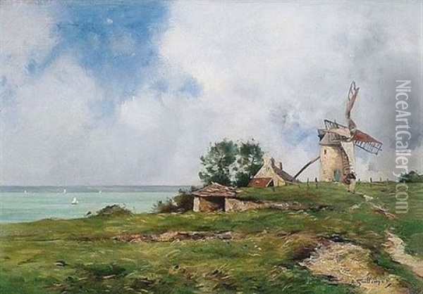 Promeneuse Pres D'un Moulin A Vent En Bord De Mer En Bretagne Oil Painting - Jean Baptiste Antoine Guillemet