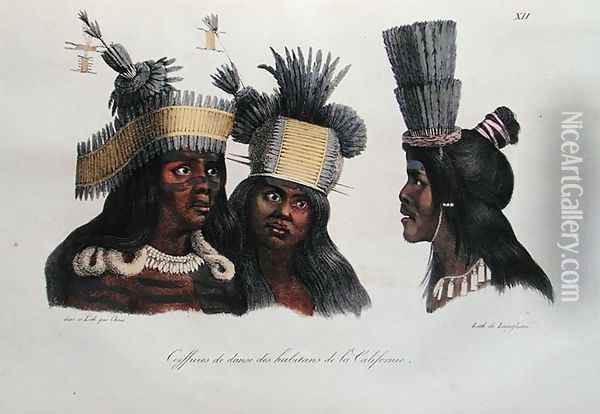 Ritual headdresses worn by natives of California, from 'Voyage Pittoresque Autour du Monde', 1822 Oil Painting - Ludwig (Louis) Choris