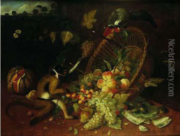 Singe Et Perroquet Bousculant Une Corbeille De Fruits Oil Painting - Jan Iii Van Kessel