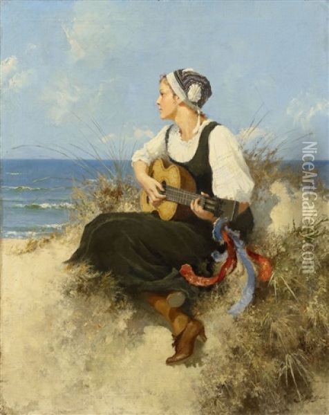 Young Woman With A Guitar On A Beach Oil Painting - Hermann Seeger