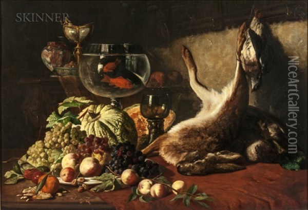 Still Life With Fruit, Goldfish, And Hare Oil Painting - Lucas Victor Schaefels