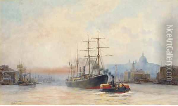 Towing down river in the Pool of London Oil Painting - Hubert James Medlycott