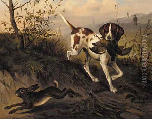 A gun dog with a pheasant chasing a hare Oil Painting - Luigi Vesco