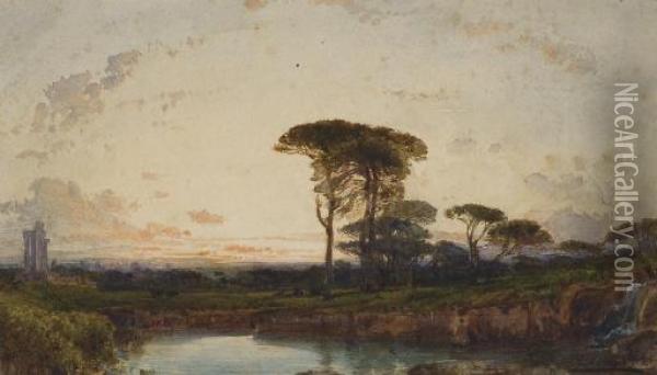 Des Pins Parasols A Palmyre Devant Un Lac, Des Ruines Antiques Sur La Gauche Oil Painting - Felix Ziem