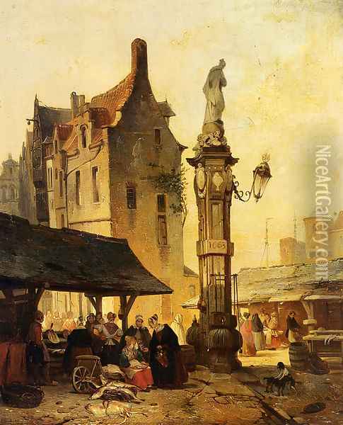 A Busy Market Oil Painting - Jan Michael Ruyten
