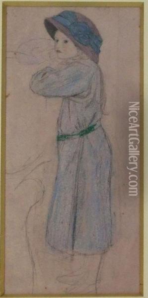 Study Of Joscelyne In A Blue Dress Oil Painting - Arthur Joseph Gaskin