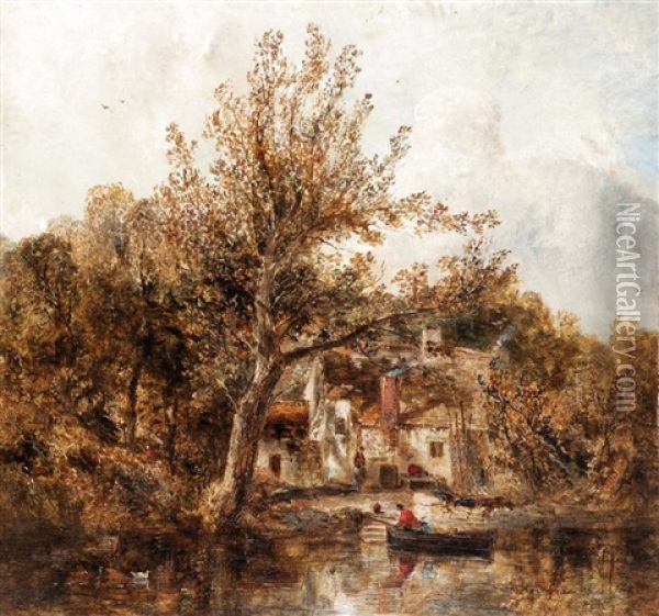 River Scene With A Rowing Boat Near A Cottage Oil Painting - William Joseph J. C. Bond