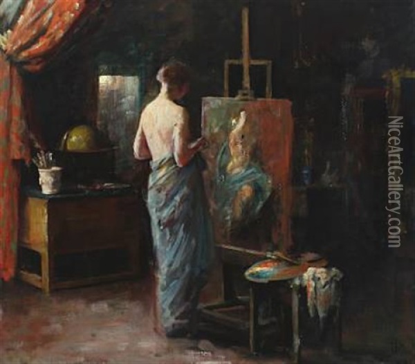 Interior From The Artist's Studio With A Female Nude Model (+ Naked Woman On A Sofa, Verso) Oil Painting - Herman Albert Gude Vedel