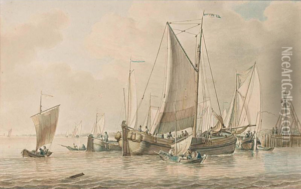 Fishing Boats By A Pier Oil Painting - Gerrit Groenewegen