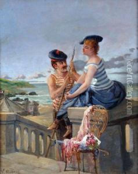 Coastal Scene With Romantic Couple Oil Painting - Valere Alphonse Morland