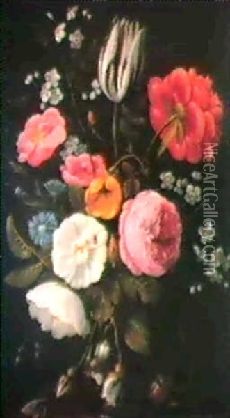 Roses, Pivoine, Tulipe, Fleursde Cerisier Et Centauree Dans Un Vase Translucide Oil Painting - Jan van Kessel the Elder