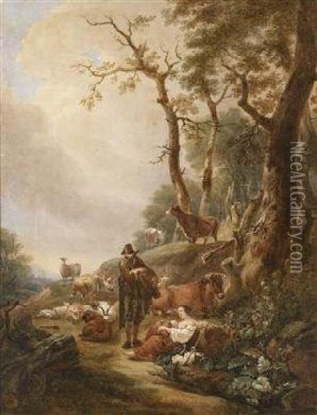 Eine Hirtenfamilie Mit Ihrer Herde In Einer Landschaft Oil Painting - Francesco Zuccarelli