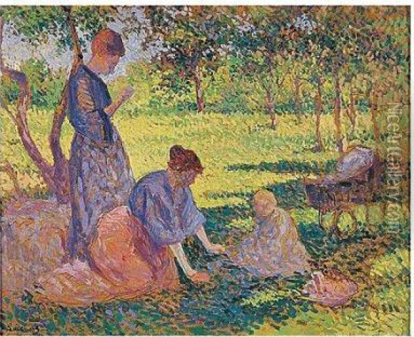 Poissy, Femmes Dans Un Jardin Oil Painting - Maximilien Luce
