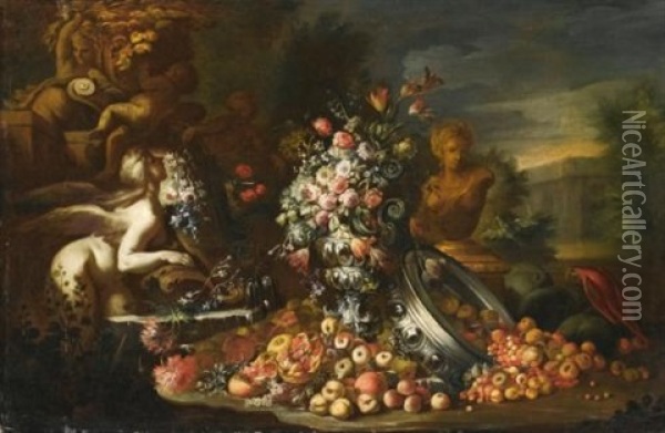 An Elaborate Still Life With A Fountain And Classical Statues, Flowers In A Vase, A Parrot And Various Fruits Spilt From An Upturned Bowl, All In An Elegant Park Setting Oil Painting - Nicola Casissa