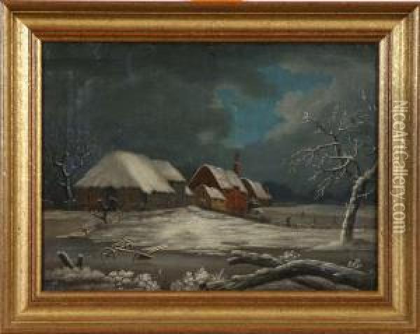 Vinterlandskap Med Skridskoakare, Signerad Och Daterad 1827 Oil Painting - James Sillett