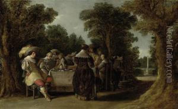 A Banquet With Elegant Company In A Formal Landscape Oil Painting - Dirck Hals