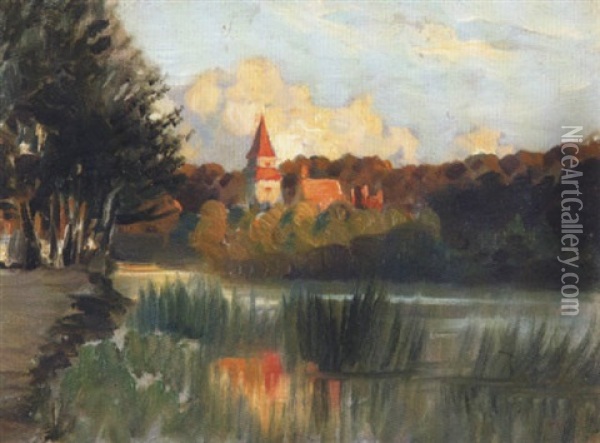 Turm Und Hauser In Einer Flusslandschaft Oil Painting - Ludwig Louis Streitenfeld