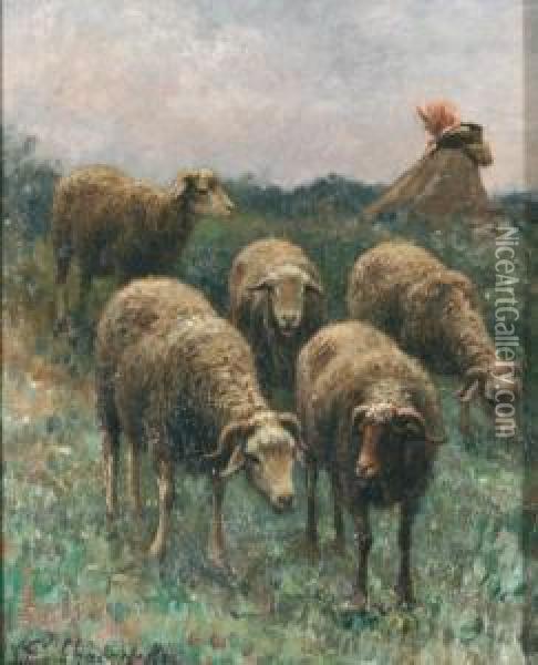 Bergere Et Ses Moutons Oil Painting - Jean-Ferdinand Chaigneau