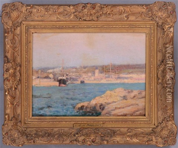 Docked Along A Rocky Coast Oil Painting - John Noble Barlow